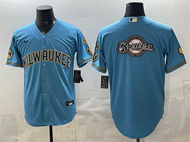 Men's Milwaukee Brewers Team Big Logo Blue With Home & Bob Uecker Patch Stitched Baseball Jersey